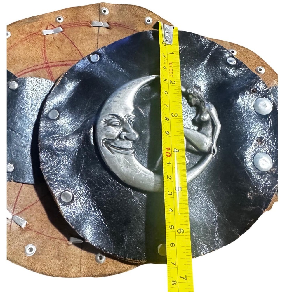 Vintage Handmade Black Leather Celestial Moon Nude Lady Studded Wide Waist Belt - Picture 4 of 16